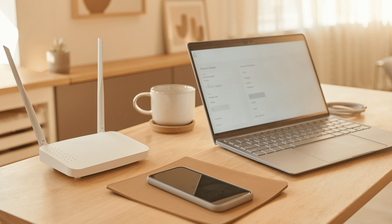 Diagnostic Wi‑Fi et réseau sur site avec routeur, ordinateur et smartphone