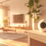 Caméra connectée et routeur Wi‑Fi dans un intérieur moderne