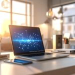 Ordinateur avec schéma réseau, routeur Wi‑Fi et équipements connectés dans un bureau moderne