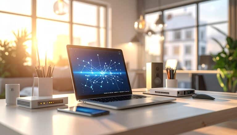 Ordinateur avec schéma réseau, routeur Wi‑Fi et équipements connectés dans un bureau moderne