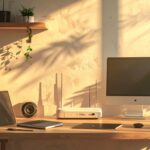 Routeur Wi‑Fi avec ordinateur, smartphone et objets connectés dans un intérieur moderne