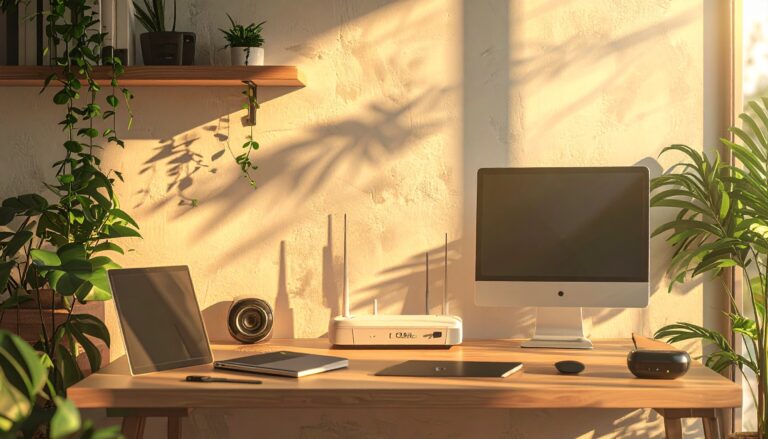 Routeur Wi‑Fi avec ordinateur, smartphone et objets connectés dans un intérieur moderne
