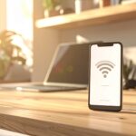 Routeur Wi‑Fi dans un intérieur moderne avec smartphone connecté à un réseau invité