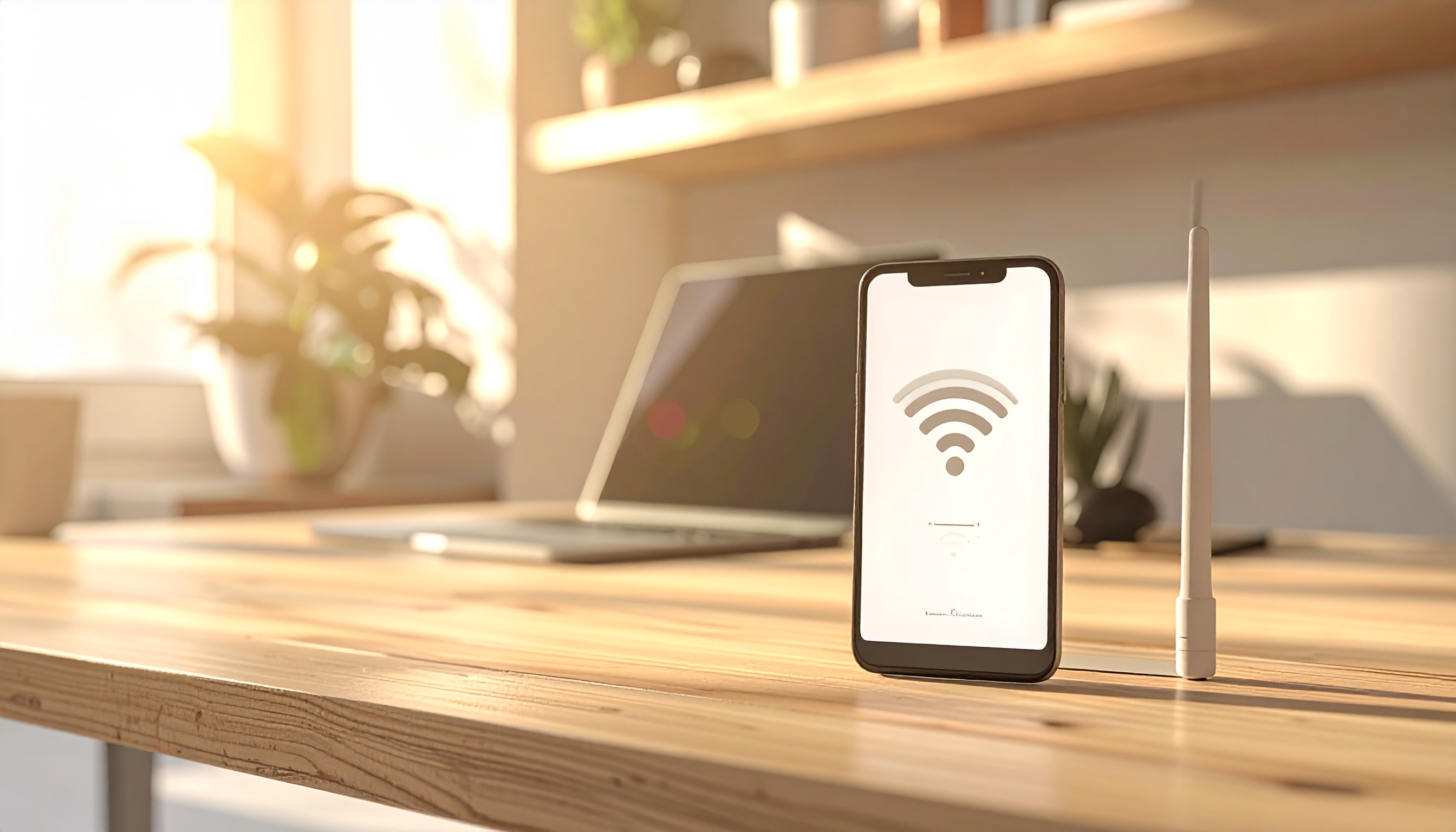 Routeur Wi‑Fi dans un intérieur moderne avec smartphone connecté à un réseau invité