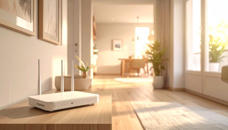 Routeur Wi‑Fi dans un intérieur moderne avec plusieurs pièces à couvrir
